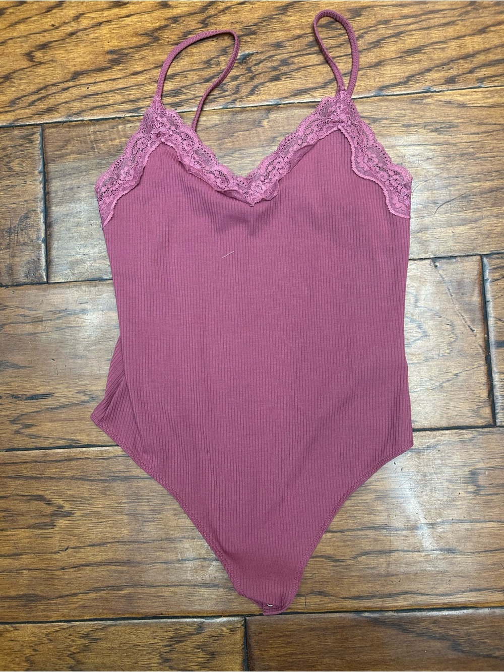 American Eagle Outfitters Rose Lace-Trim Ribbed Cami Bodysuit